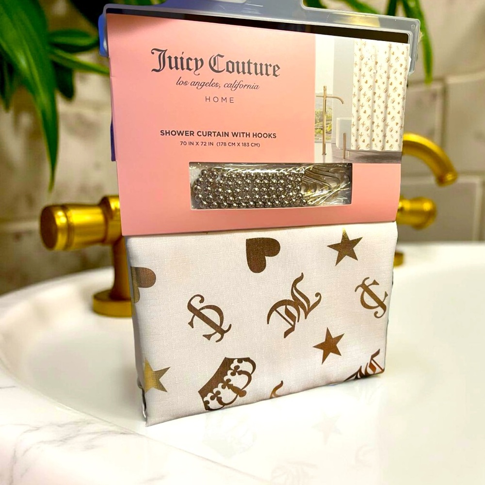 Juicy Couture NWT White Metallic Gold Crowns Hearts Stars Fabric Shower Curtain